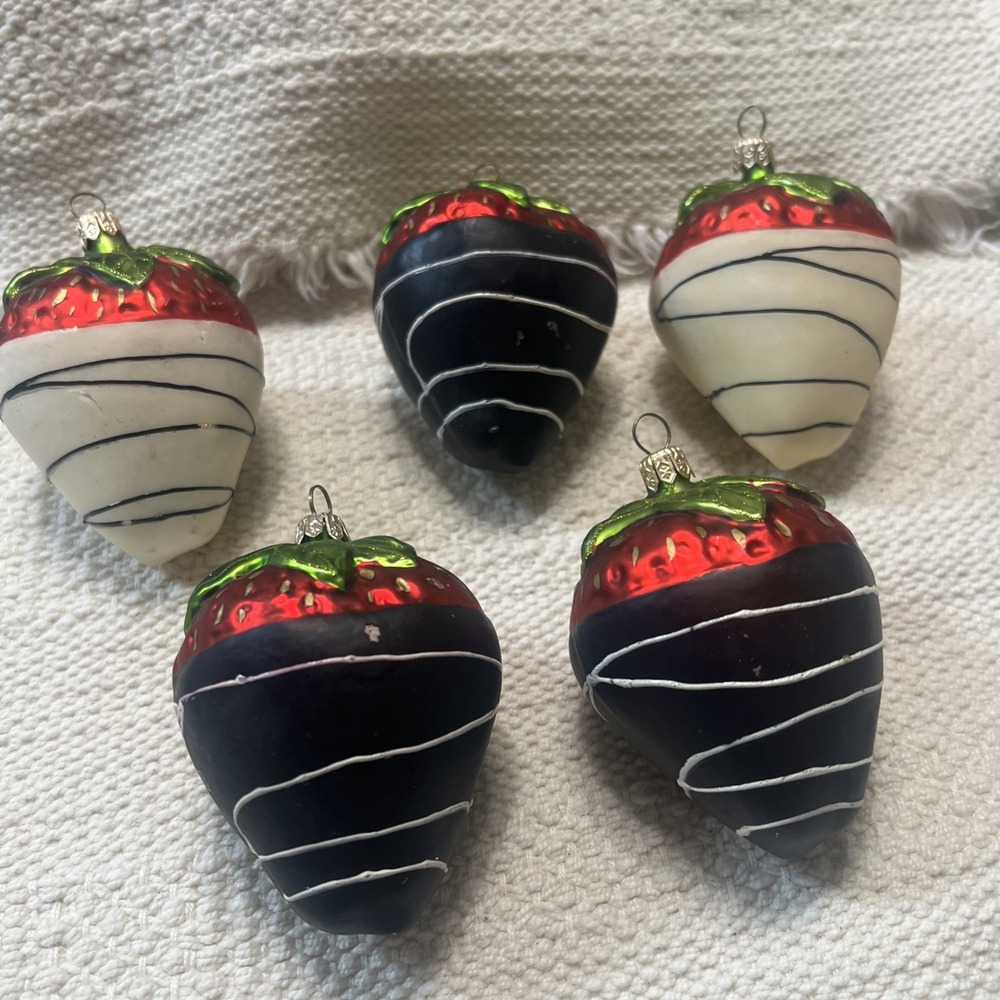 Dark White Chocolate Dipped Strawberry Christmas Ornaments Blown‎ Glass Set Of 5